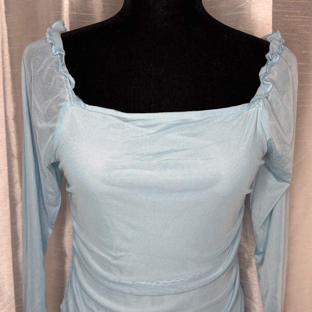 Wulful Ruched Ruffle Dress Jrs 13-14 Lt Blue Sheer Sleeve Lined Square Neck - Picture 6 of 8